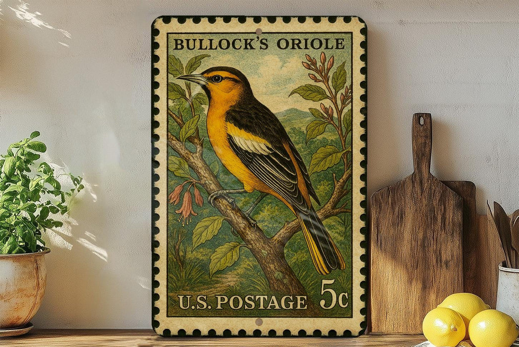 A vintage U.S. postage stamp featuring a colorful illustration of a yellow and black oriole bird perched on a branch, with a potted plant and wooden cutting board in the background.