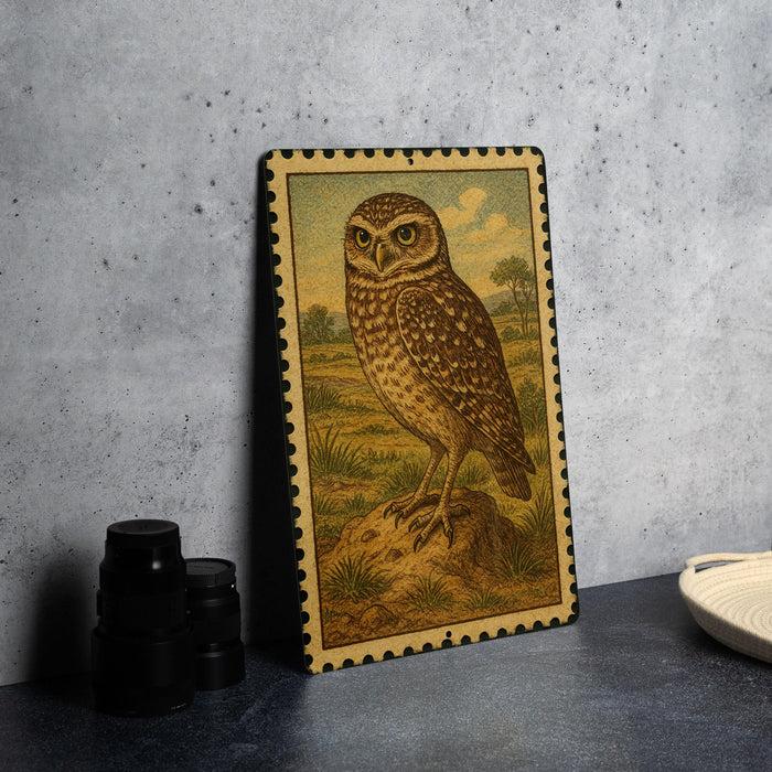 a framed illustration of an owl on a rock, placed on a table next to some black camera lenses.