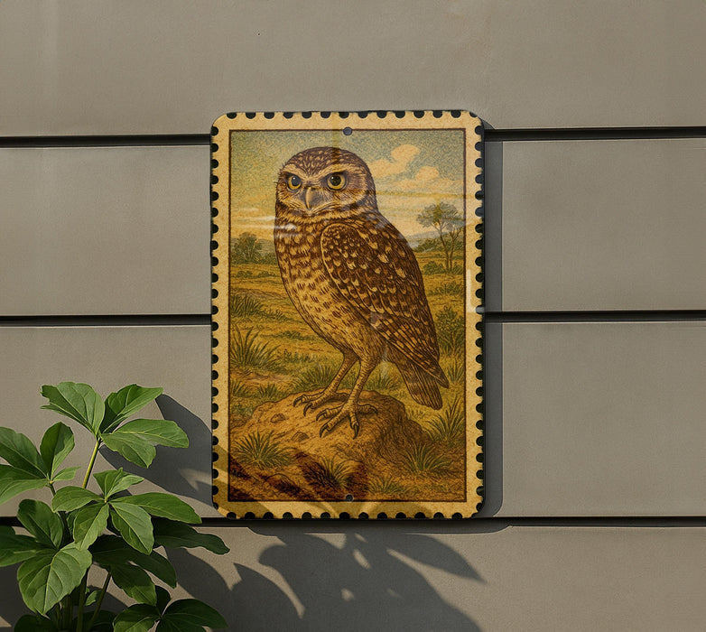 a framed illustration of an owl perched on a rock, set against a natural landscape.
