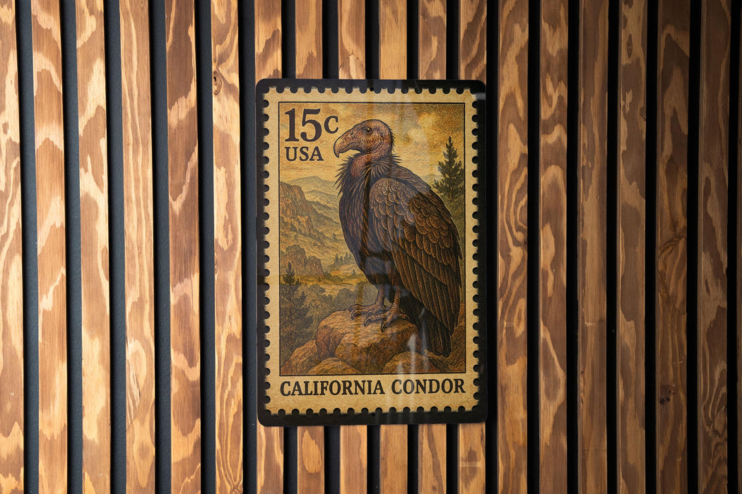 A 15 cent United States postage stamp featuring a California condor, which is a large bird of prey, is displayed on a wooden wall.