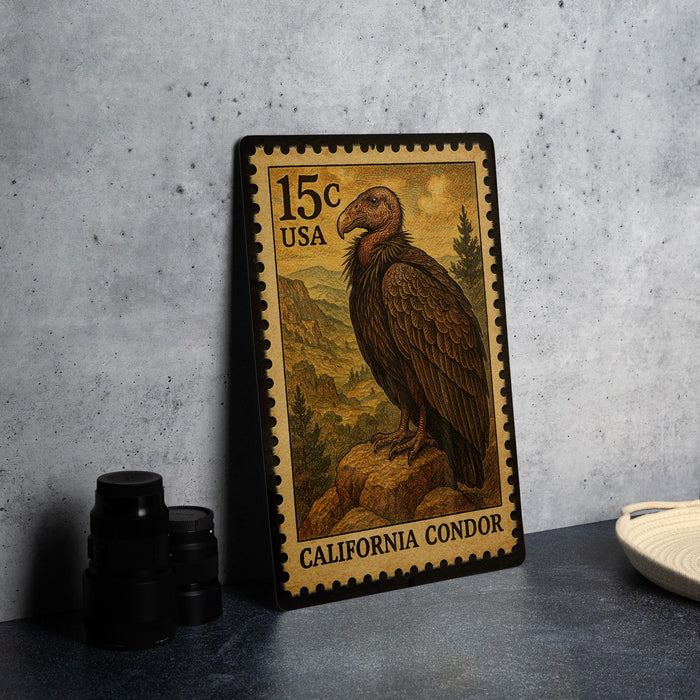A postage stamp from the United States, featuring an illustration of a vulture, is displayed on a countertop next to some black camera lenses.