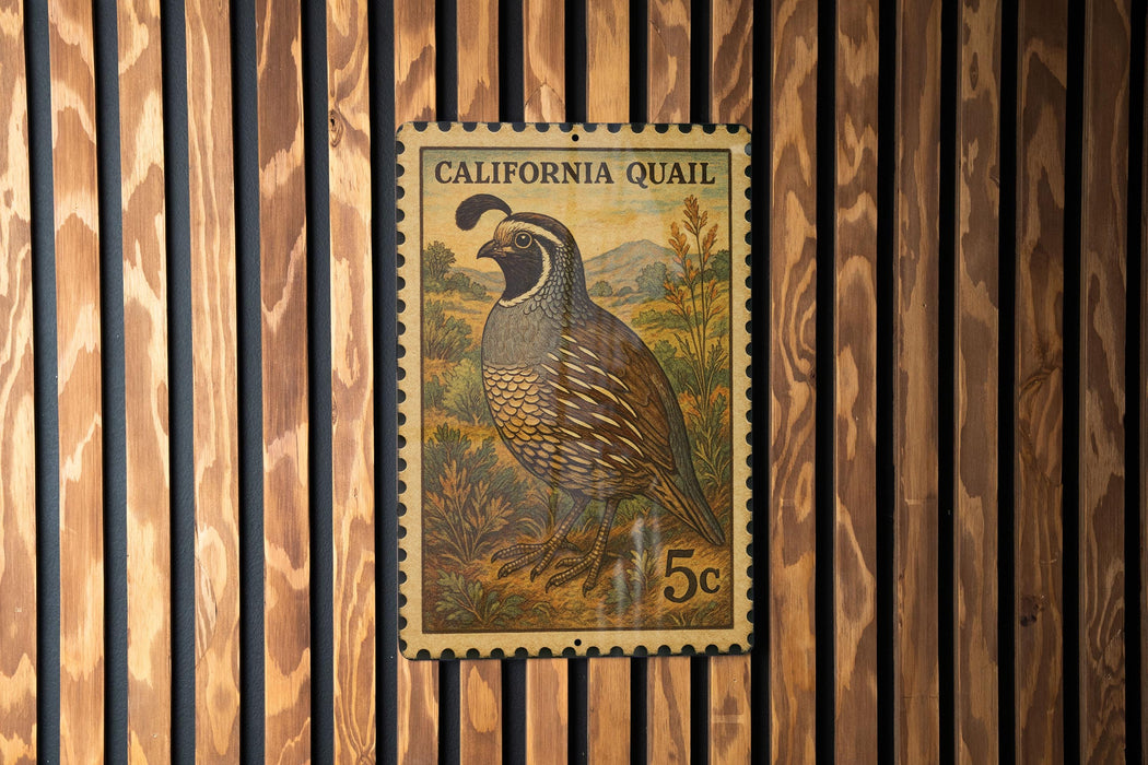 A California Quail postage stamp is displayed on a wooden wall.