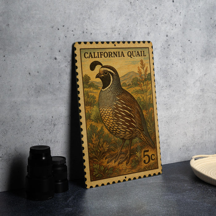 A California quail postage stamp is displayed on a table, featuring a detailed illustration of the bird.