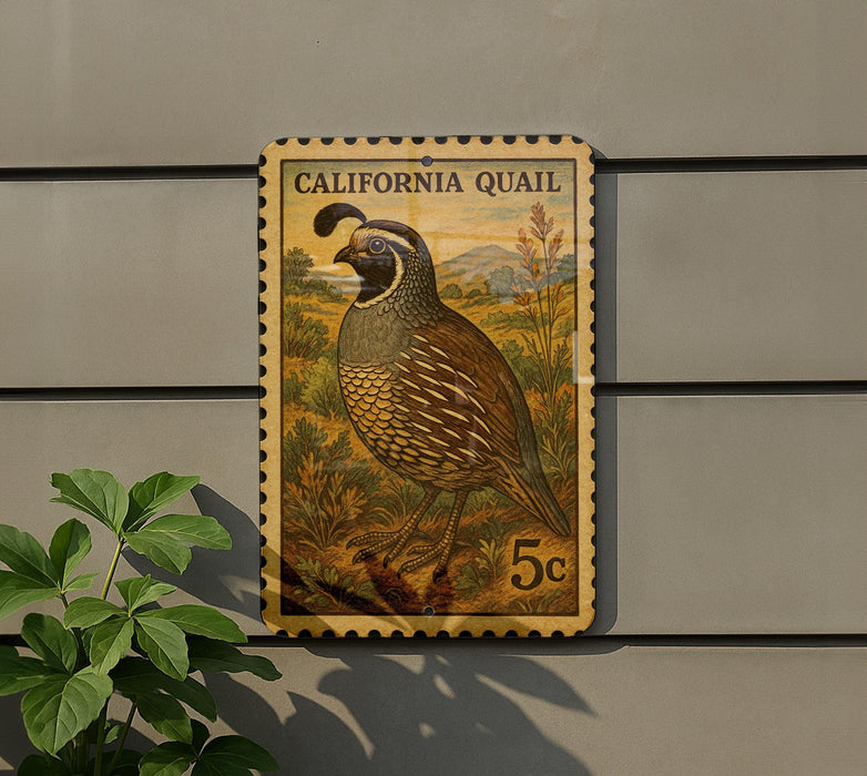 A California Quail postage stamp is displayed on a wall, featuring a detailed illustration of the bird in a natural setting.
