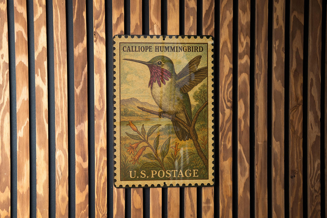 A U.S. postage stamp featuring a Calliope hummingbird is displayed on a wooden wall.