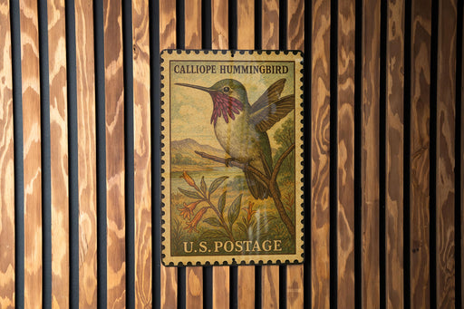 A U.S. postage stamp featuring a Calliope hummingbird is displayed on a wooden wall.