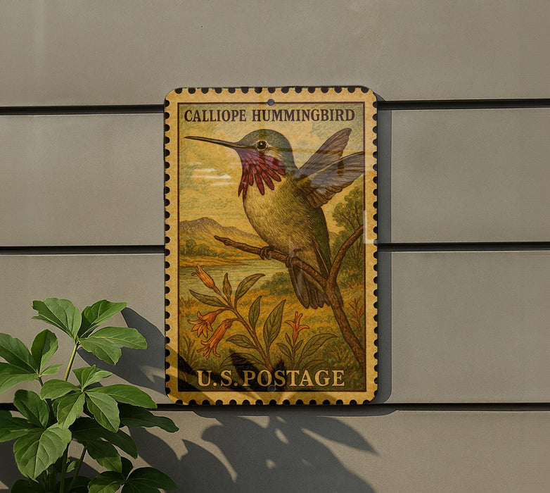 A vintage postage stamp featuring a colorful illustration of a calliope hummingbird, mounted on a wall next to a plant.