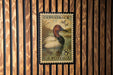 A U.S. postage stamp featuring a duck swimming in a pond, mounted on a wooden wall.