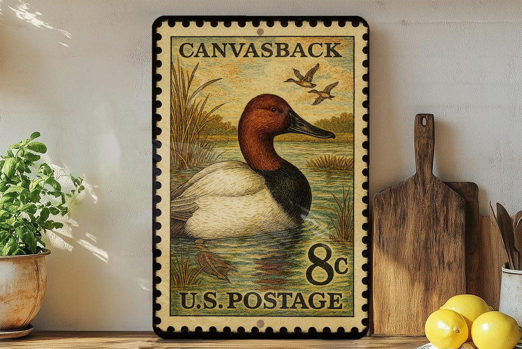 A vintage-style postage stamp featuring a duck swimming in a pond, with a wooden paddle and a potted plant in the background.