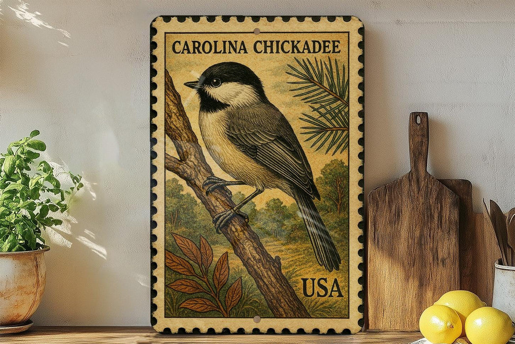 A decorative metal stamp featuring a black-and-white illustration of a Carolina Chickadee perched on a branch, with the text "Carolina Chickadee USA" printed on it. The stamp is displayed on a shelf next to a wooden cutting board and a potted plant.