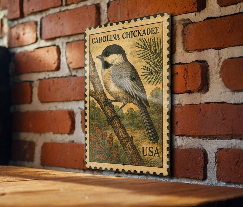 A vintage postage stamp featuring a Carolina Chickadee perched on a branch, mounted on a brick wall.
