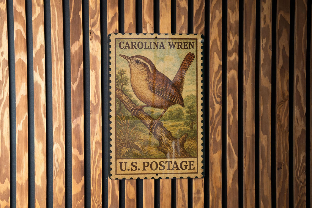 A U.S. postage stamp featuring a bird perched on a branch, mounted on a wooden wall.