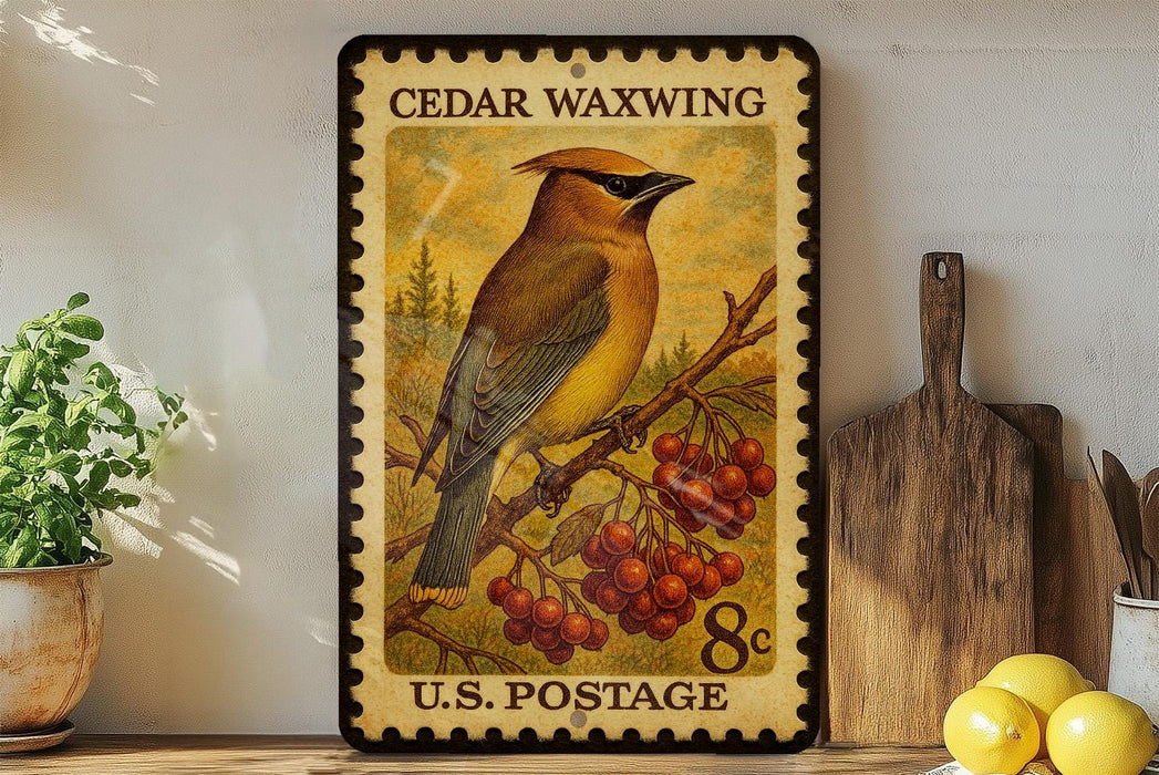 A vintage-style postage stamp featuring a bird perched on a branch with berries, displayed on a shelf next to a wooden cutting board and a potted plant.