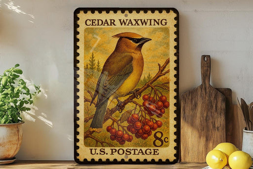 A vintage-style postage stamp featuring a bird perched on a branch with berries, displayed on a shelf next to a wooden cutting board and a potted plant.