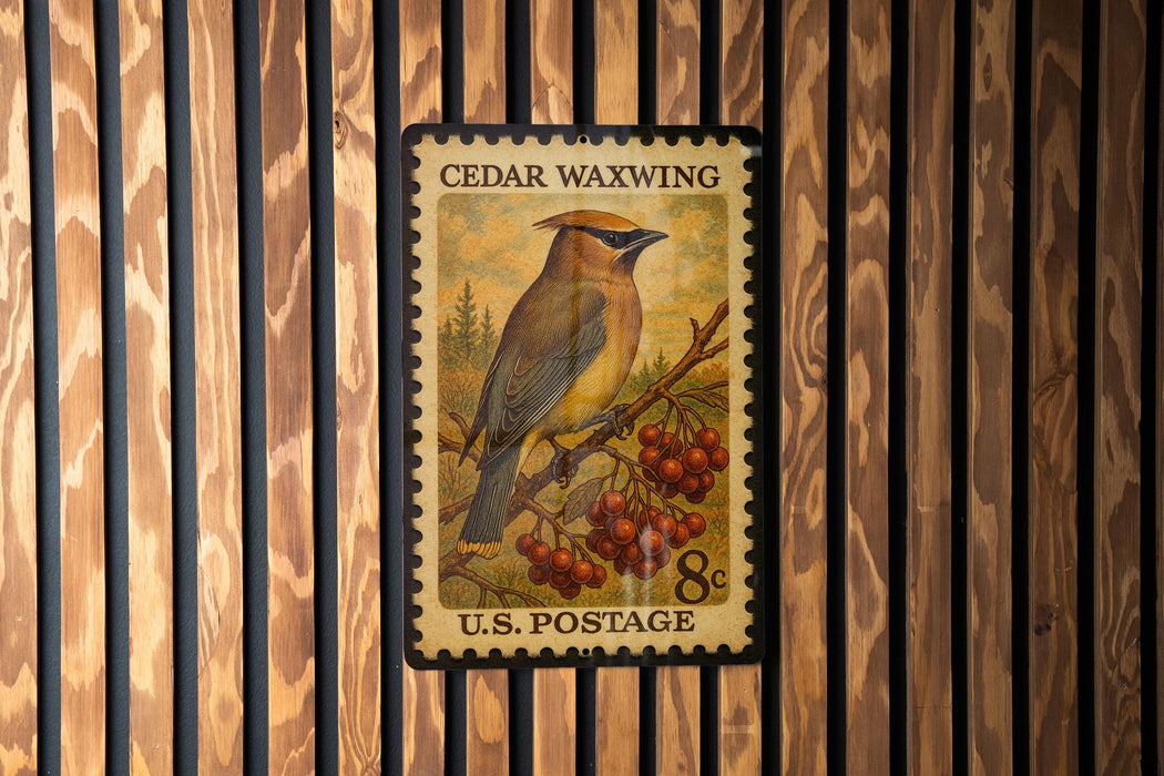 A U.S. postage stamp featuring a bird perched on a branch with berries, mounted on a wooden wall.