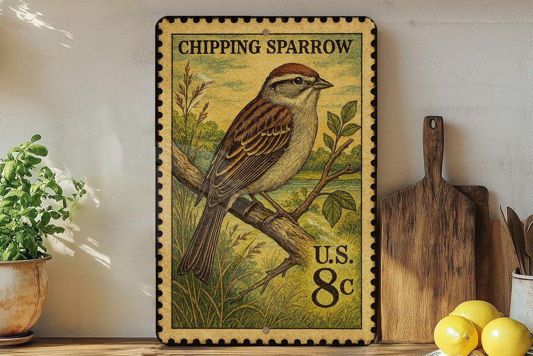 A vintage postage stamp featuring a chipping sparrow perched on a branch, with a potted plant and wooden cutting board in the background.