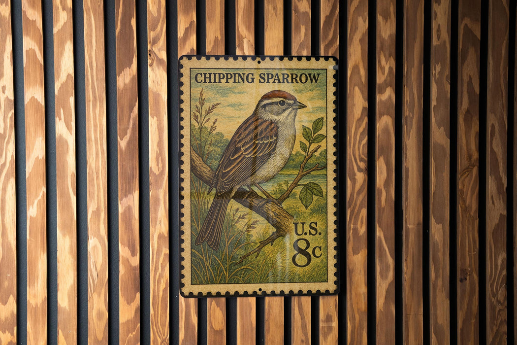 A postage stamp featuring a chipping sparrow perched on a branch, with the text "CHIPPING SPARROW" and "U.S. 8c" printed on it.