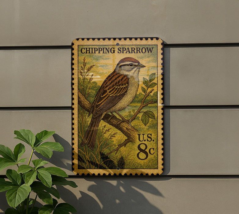 A postage stamp featuring a chipping sparrow, with the text "CHIPPING SPARROW" and "U.S. 8c" printed on it.