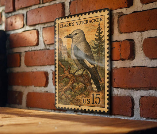A vintage-style postage stamp featuring a bird, likely Clark's Nutcracker, is displayed on a brick wall.