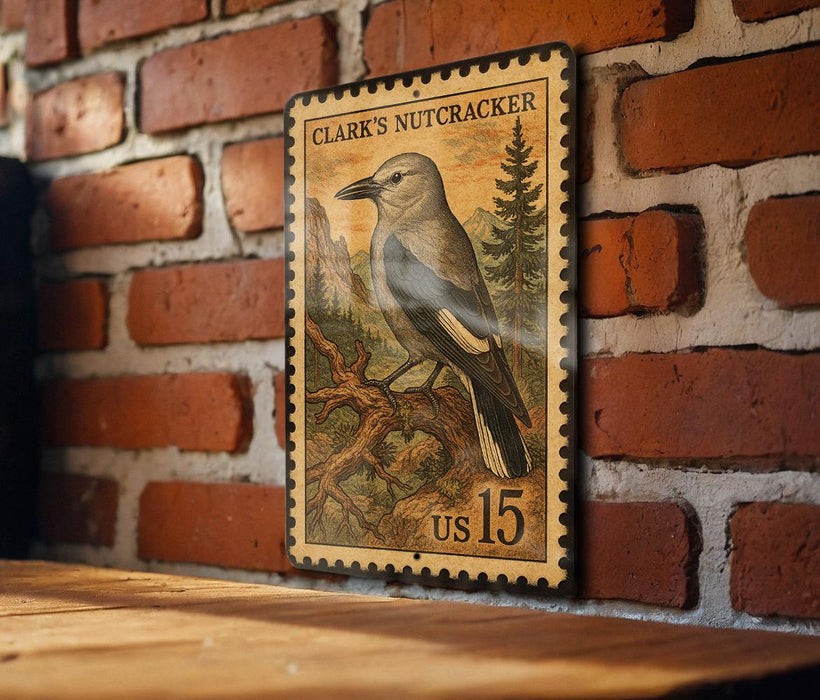 A vintage-style postage stamp featuring a bird, likely Clark's Nutcracker, is displayed on a brick wall.