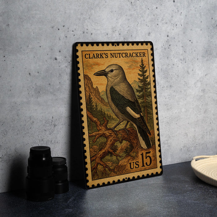 A vintage-style postage stamp featuring a detailed illustration of a bird, likely Clark's Nutcracker, sitting on a tree branch.