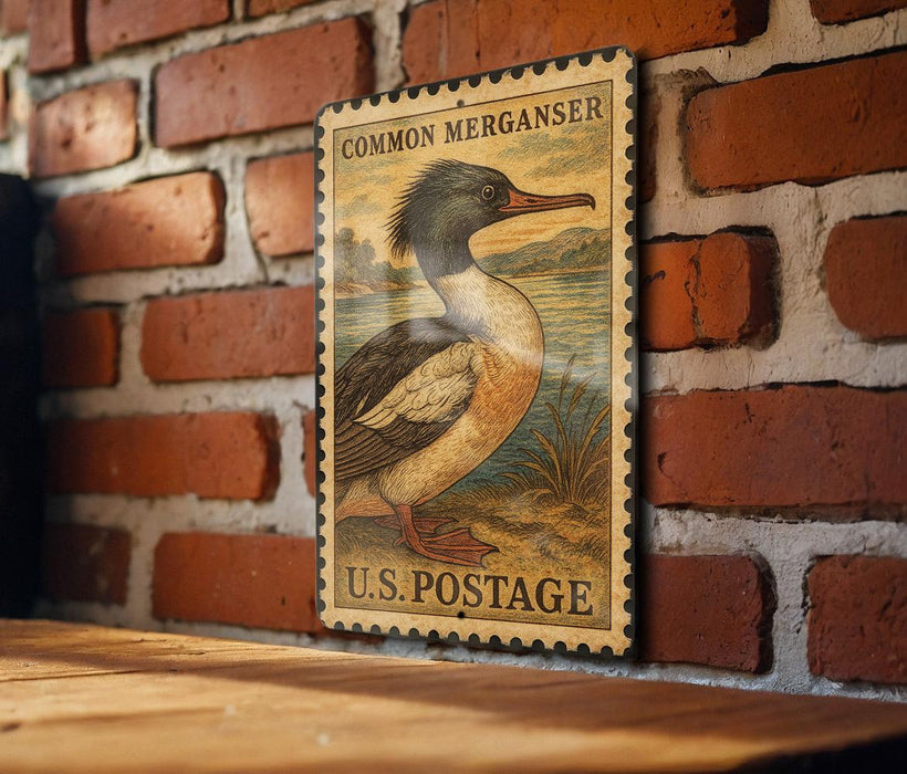A vintage-style postage stamp featuring a duck is displayed on a brick wall.