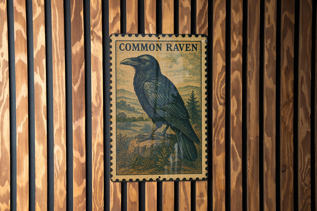 a vintage-style postage stamp with a black raven illustration, mounted on a wooden wall.