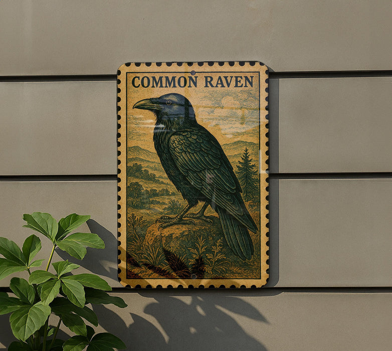 a framed illustration of a black raven perched on a rock, with a plant to the left of the frame.