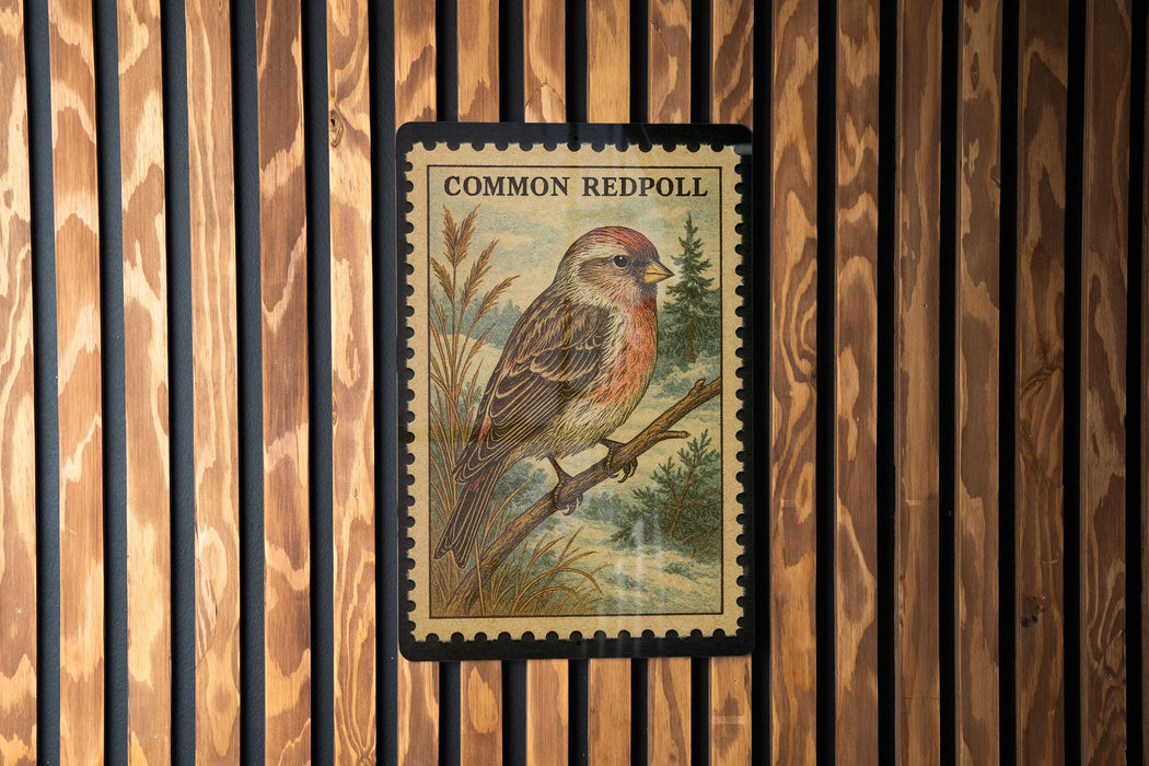A postage stamp featuring a bird, specifically a Common Redpoll, is displayed on a wooden wall.