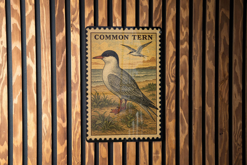 a postage stamp with a bird illustration, mounted on a wooden wall.