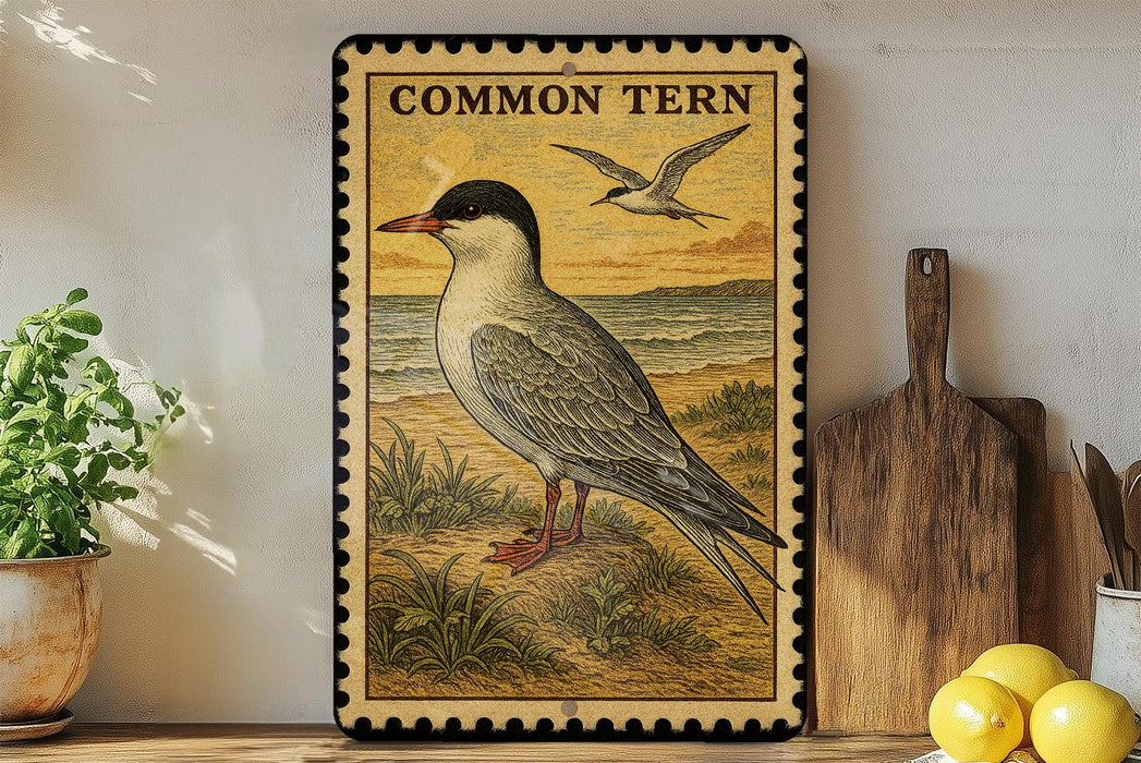 a framed illustration of a Common Tern, a bird with a distinctive appearance, standing on a beach with a bird in flight in the background.