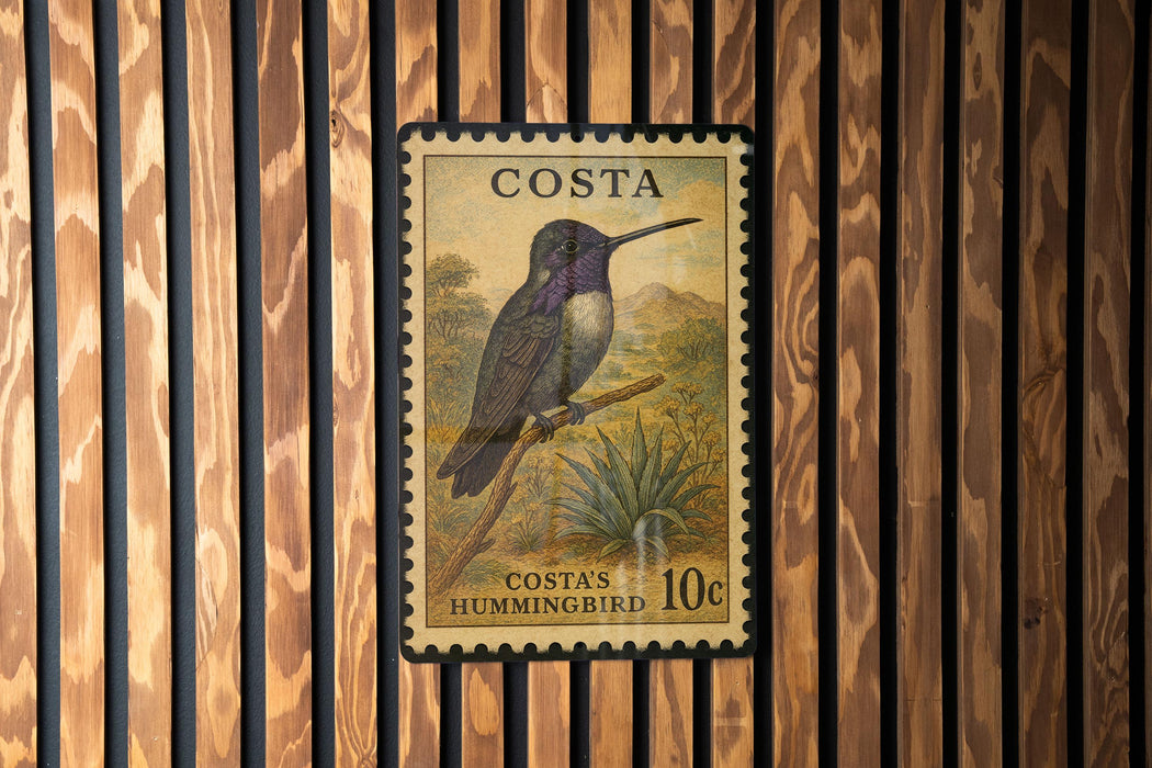 A Costa hummingbird postage stamp is displayed on a wooden wall.