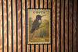 A Costa hummingbird postage stamp is displayed on a wooden wall.