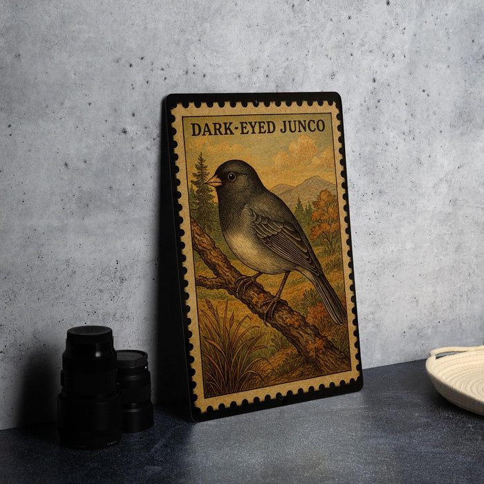 a framed illustration of a bird, specifically a dark-eyed junco, perched on a branch.