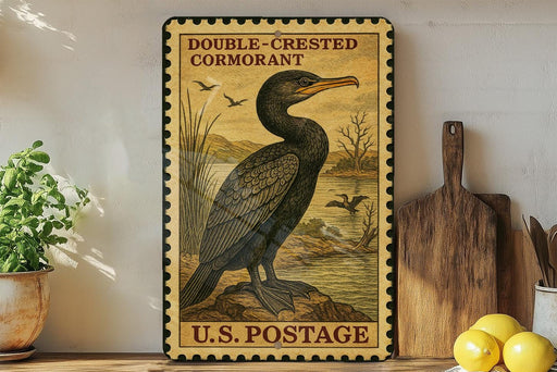 A vintage-style postage stamp featuring a black cormorant bird, with the text "Double-Crested Cormorant" and "U.S. Postage" printed on it. The stamp is displayed on a shelf next to a wooden cutting board and a potted plant.