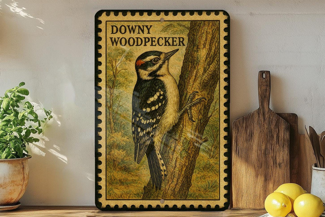 A framed illustration of a Downy Woodpecker is displayed on a wall, with a wooden cutting board and a potted plant to the side.