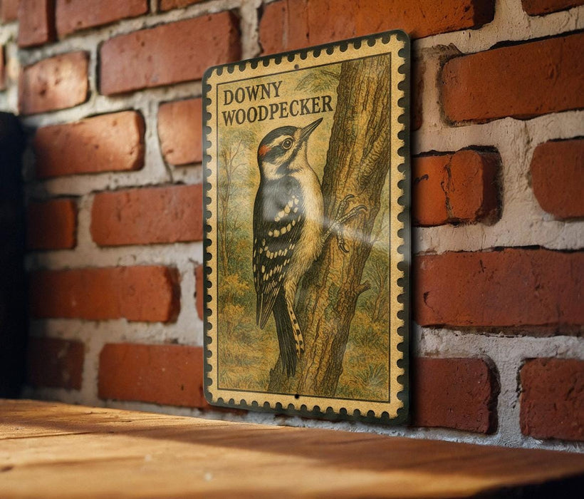 a vintage-style stamp or postcard with a woodpecker illustration, mounted on a brick wall.