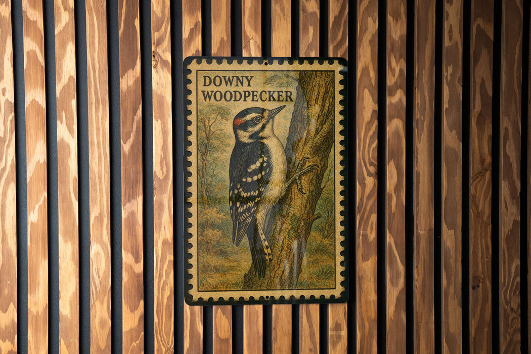 A postage stamp featuring a woodpecker is displayed on a wooden wall.