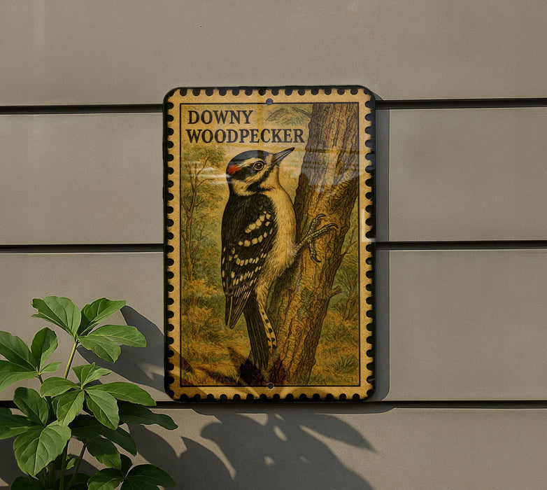 a woodpecker perched on a tree, with a decorative stamp-like frame surrounding it.