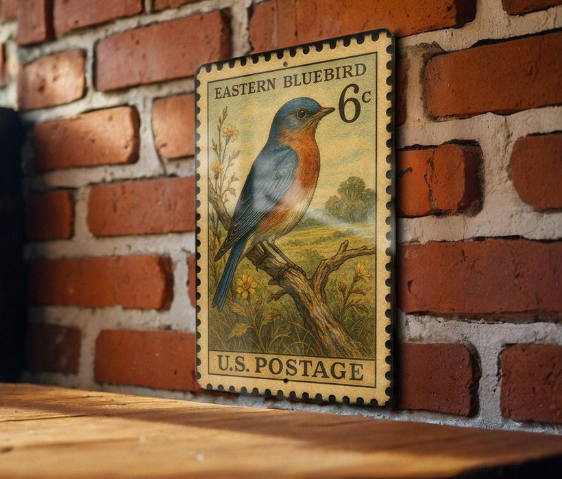 A vintage U.S. postage stamp depicting a bluebird is displayed on a brick wall.