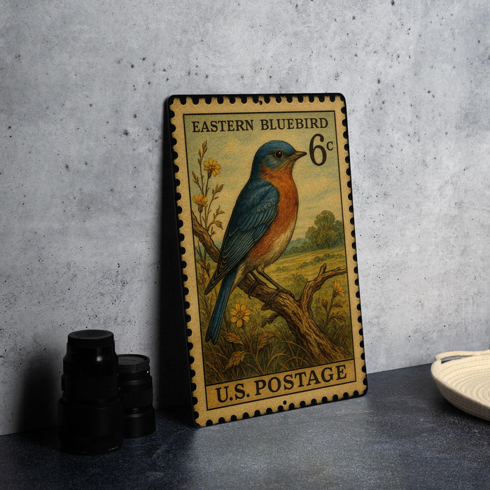 A vintage Eastern Bluebird postage stamp from the United States, featuring a detailed illustration of the bird perched on a branch with flowers.