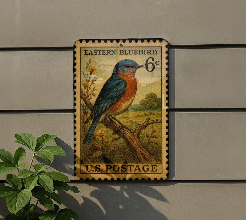 A vintage-style postage stamp featuring a bluebird, mounted on a wall next to a plant.
