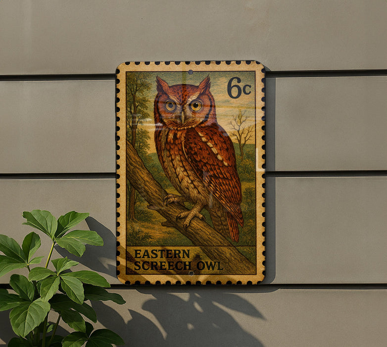 a stamp-like artwork of an Eastern Screech Owl perched on a branch, mounted on a wall.
