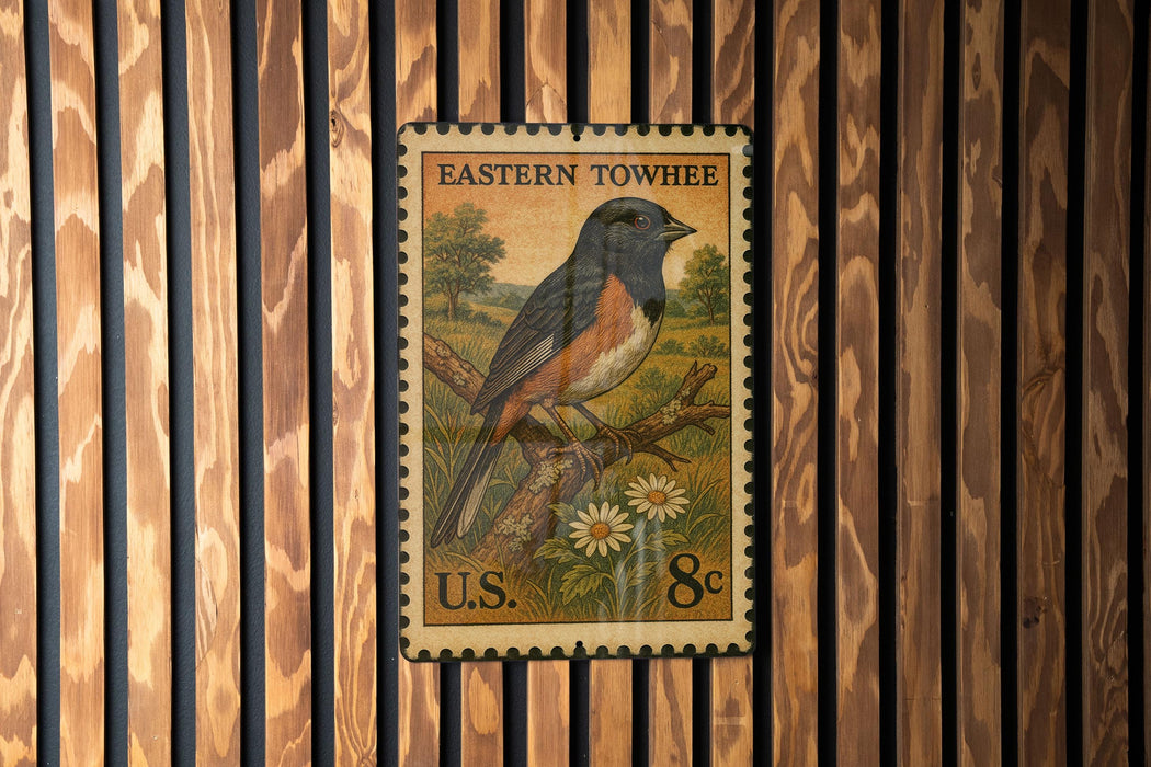 A U.S. Eastern Towhee postage stamp is displayed on a wooden wall.