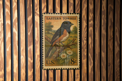 A U.S. Eastern Towhee postage stamp is displayed on a wooden wall.