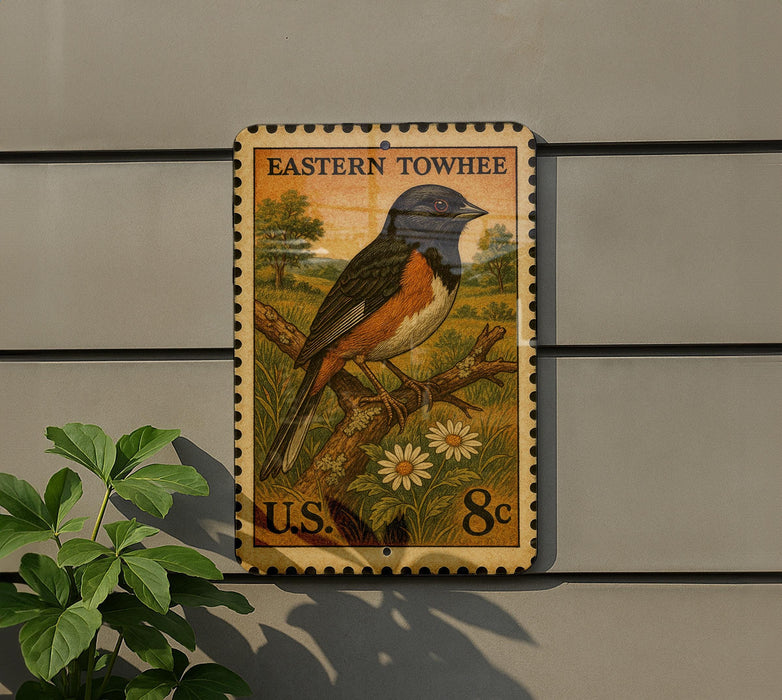 A postage stamp featuring a colorful Eastern Towhee bird perched on a branch, with a floral background.