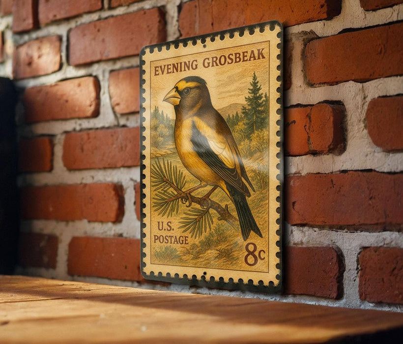 A vintage postage stamp featuring a yellow and black bird perched on a branch, mounted on a brick wall.