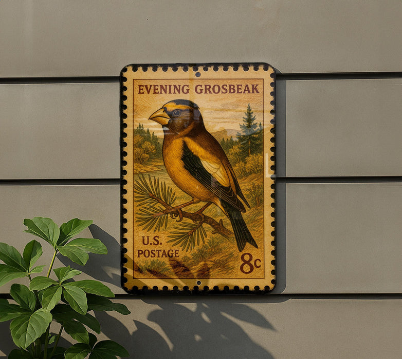 a postage stamp with a bird illustration, mounted on a wall next to a plant.