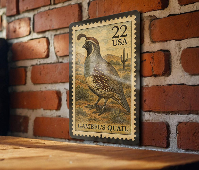 A vintage-style postage stamp featuring a quail bird, mounted on a brick wall.