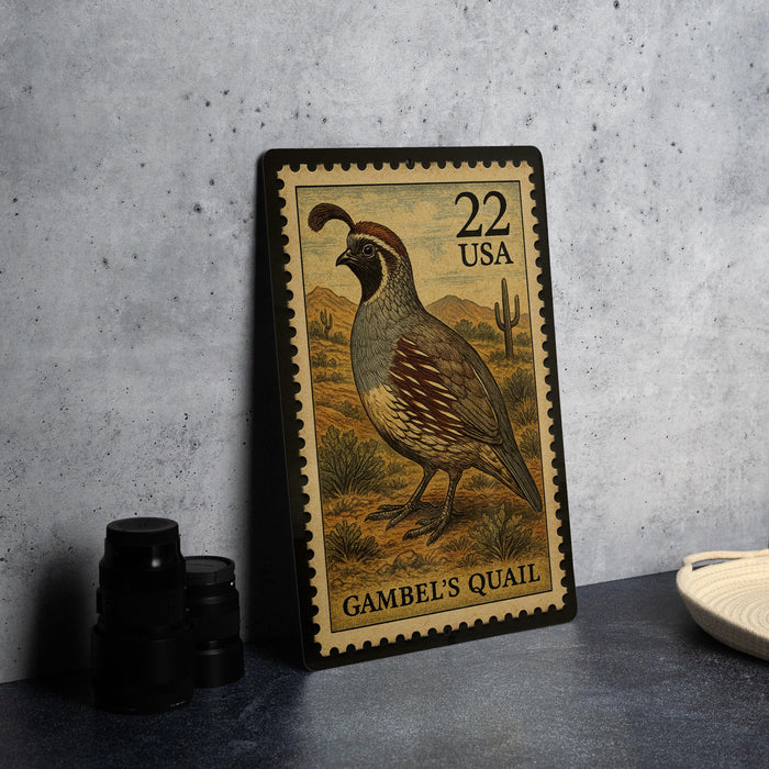 A 22-cent US postage stamp featuring a quail bird, with the text "GAMBEL'S QUail" printed on it.
